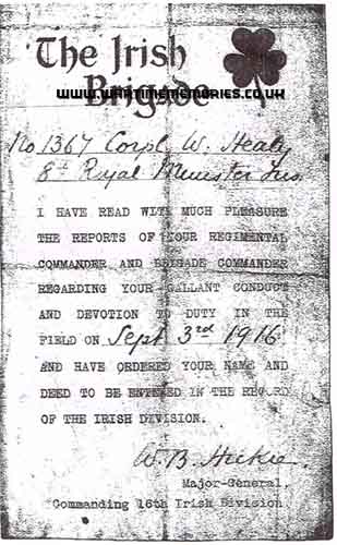 Corporal W Healy The Irish Brigade Certificate